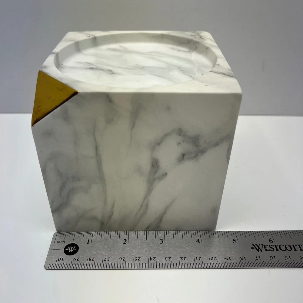Bath & Body Works Candle Holder Pedestal Marble Tone‎ Gold Accent Cut Out Corner